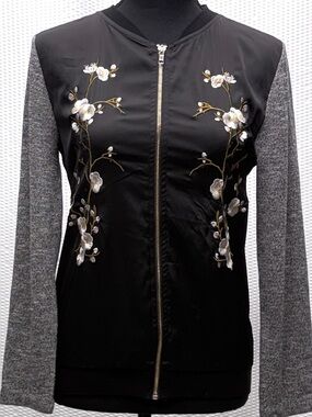 BKE Cherry Blossom Bomber Jacket Women XS Satin Embroidered